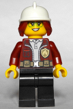 LEGO cty1288 Fire Chief, Female - Freya McCloud, Dark Red Jacket, Black Legs, White Fire Helmet, Open Smile / Closed Mouth Pattern