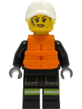 LEGO cty1309 Fire - Female, Black Jacket and Legs with Reflective Stripes and Dark Red Collar, Bright Light Yellow Hair, White Cap, Orange Life Jacket