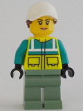 LEGO cty1349 Ambulance Driver - Female, Dark Turquoise and Neon Yellow Safety Vest, Sand Green Legs, White Cap, Reddish Brown Ponytail