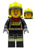 LEGO cty1356 Fire - Female, Black Jacket and Legs with Reflective Stripes and Red Collar, Neon Yellow Fire Helmet, Trans-Black Visor (Sarah Feldman)
