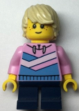 LEGO cty1361 Bright Pink Hoodie, Medium Blue and White Diagonal Stripes, Dark Blue Short Legs, Tan Hair, Freckles, Smile