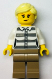 LEGO cty1368 Police - Jail Prisoner 50382 Prison Stripes, Female, Dark Tan Legs, Smirk with Peach Lips, and Bright Light Yellow Ponytail