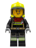 LEGO cty1370 Fire - Male, Black Jacket and Legs with Reflective Stripes and Red Collar, Neon Yellow Fire Helmet, Trans-Black Visor