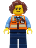 LEGO cty1396 School Bus Driver - Female, Orange Safety Vest with Reflective Stripes, Dark Blue Legs, Reddish Brown Hair