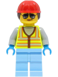 LEGO cty1425 Space Engineer - Female, Neon Yellow Safety Vest, Bright Light Blue Legs, Red Construction Helmet with Dark Brown Hair