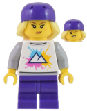 LEGO cty1450 Electric Scooter Rider - White Shirt with Mountains, Dark Purple Medium Legs, Freckles, Dark Purple Helmet, Bright Light Yellow Hair
