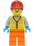 LEGO cty1467 Reach Stacker Driver - Female, Neon Yellow Safety Vest, Orange Legs, Red Cap with Reddish Brown Ponytail