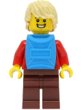 LEGO cty1473 Passenger - Male, Red Plaid Flannel Shirt, Reddish Brown Legs, Tan Hair, Dark Azure Backpack
