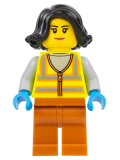 LEGO cty1522 Recycling Worker - Female, Neon Yellow Safety Vest, Dark Orange Legs, Black Hair