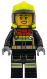 LEGO cty1545 Fire - Female, Black Jacket and Legs with Reflective Stripes and Red Collar, Neon Yellow Fire Helmet, Trans-Black Visor, Scared Open Mouth with Teeth