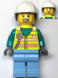 LEGO cty1547 Utility Worker - Male, Neon Yellow Safety Vest, Bright Light Blue Legs, White Helmet, Dark Brown Ponytail