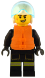 LEGO cty1549 Fire - Male, Black Jacket and Legs with Reflective Stripes and Red Collar, White Helmet, Trans-Light Blue Visor, Orange Life Jacket