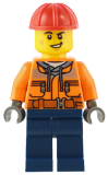 LEGO cty1553 Construction Worker - Male, Orange Safety Jacket, Reflective Stripe, Sand Blue Hoodie, Dark Blue Legs, Red Construction Helmet
