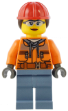 LEGO cty1554 Construction Worker - Female, Orange Safety Jacket, Reflective Stripe, Sand Blue Hoodie, Sand Blue Legs, Red Construction Helmet with Dark Brown Hair