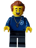 LEGO cty1559 Police - City Trainer Academy Male, Dark Blue Shirt, Silver Whistle, Black Legs, Reddish Brown Hair, Open Mouth