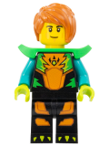 LEGO cty1575 Stuntz Driver - Male, Black Jumpsuit with Orange Trim and Dark Turquoise Arms, Bright Green Shoulder Pads, Dark Orange Hair