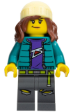 LEGO cty1580 Fearless Fi - Stuntz Announcer, Dark Turquoise Jacket over Dark Purple Shirt, Dark Bluish Gray Legs, Reddish Brown Hair with Bright Light Yellow Knit Ski Cap