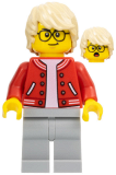 LEGO cty1581 Stuntz Photographer - Male, Red Jacket over White Shirt, Light Bluish Gray Legs, Tan Hair, Glasses