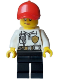 LEGO cty1599 Fire - Female, White Shirt with Fire Logo Badge and Belt, Black Legs, Red Cap with Ponytail, Smirk, Medium Nougat Lips