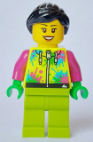 LEGO cty1631 Mountain Bike Cyclist - Female, Neon Yellow Jacket with Paint Splotches, Lime Legs, Black Hair