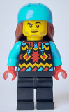 LEGO cty1633 Snowboarder - Male, Geometric Jacket, Black Legs, Medium Azure Sports Helmet, Reddish Brown Long Hair