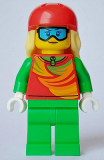 LEGO cty1638 Skier - Female, Red Top, Bright Green Legs, Red Sports Helmet, Bright Light Yellow Long Hair, Ski Goggles