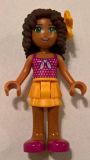 LEGO frnd208 Friends Andrea, Bright Light Orange Layered Skirt, Magenta Top with White Polka Dots and Bow, Bright Light Orange Flower