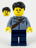 LEGO hol226 Man, Sand Blue Jacket and Reddish Brown Satchel, Dark Blue Legs, Black Hair