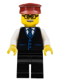 LEGO mk070 Train Driver - Male, Black Vest with Blue Striped Tie, Black Legs, Dark Red Hat, Glasses and Moustache