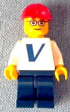 LEGO pln155s Plain White Torso with Vestas Logo (Sticker) with White Arms, Dark Blue Legs, Red Construction Helmet, Glasses