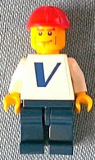 LEGO pln156s Plain White Torso with Vestas Logo (Sticker) with White Arms, Dark Blue Legs, Red Construction Helmet, Vertical Cheek Lines