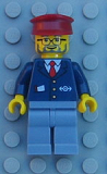 LEGO trn138 Dark Blue Suit with Train Logo, Sand Blue Legs, Dark Red Hat - Conductor
