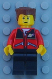 LEGO trn140 Red Jacket with Zipper Pockets and Classic Space Logo, Black Legs, Reddish Brown Flat Top Hair