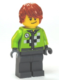 LEGO twn184 Lime Jacket with Wrench and Black and White Checkered Pattern, Dark Bluish Gray Legs, Dark Orange Hair, Crooked Smile