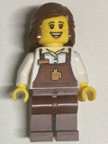 LEGO twn345 Female with Reddish Brown Apron with Cup and Name Tag Pattern, Reddish Brown Female Hair Mid-Length