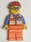 LEGO twn346 Orange Safety Vest with Reflective Stripes, Orange Legs, Red Construction Helmet, Glasses