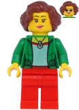 LEGO twn399 Female with Green Jacket, Red Legs, Reddish Brown Hair