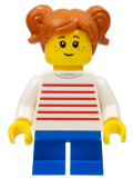 LEGO twn427 Girl with Dark Orange Two Pigtails Hair, White Sweater with Red Horizontal Stripes, Blue Short Legs