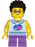 LEGO twn471 Child - Girl, White Collared Shirt with Fruit, Medium Lavender Short Legs, Dark Brown Short Coiled Hair, Glasses