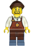 LEGO twn473 Barista - Male, Reddish Brown Apron with Cup and Name Tag, Sand Blue Legs, Reddish Brown Flat Cap, Hearing Aid