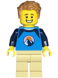 LEGO twn474 Wheelchair User - Male, Dark Azure and Dark Blue Shirt with Mountains, Tan Legs, Medium Nougat Tousled Hair