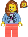 LEGO twn476 Record Store Clerk - Female, Bright Light Blue Denim Jacket, Coral Legs, Dark Orange Hair, Freckles