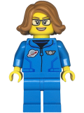 LEGO twn479 Space Scientist - Female, Dark Azure Jumpsuit, Medium Nougat Hair, Glasses, Open Mouth Smile