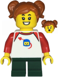 LEGO twn480 Child - Girl, White Classic Space Shirt with Red Sleeves, Dark Green Short Legs, Dark Orange Pigtails