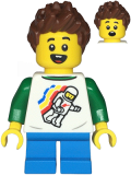 LEGO twn481 Boy - Classic Space Shirt with Minifigure Floating and Back Print, Dark Azure Short Legs, Reddish Brown Ruffled Hair